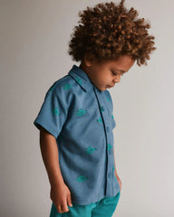 Toddler Boy Button-Down Short-Sleeve Shirt in Fish Print - Slate Blue