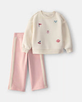 Toddler Girl 2-Piece Varsity Fleece Sweatshirt & Pant Set - Cream/Pink