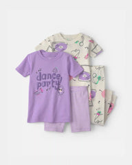 Toddler Girl Dance Party 100% Cotton 4-Piece Pajama Set - Purple/Ivory