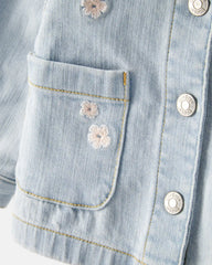 Baby Girl Flower Embroidered Denim Jacket - Light Wash