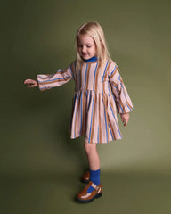 Toddler Girl Balloon-Sleeve Dress in Stripes - Pink/Brown/Blue