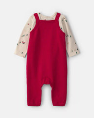 Baby Boy 2-Piece Reindeer Long-Sleeve Sweater Overall Set - Red/Cream