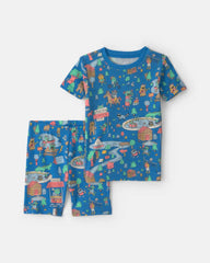Toddler Boy 2-Piece 100% Cotton 'Monster Summer Camp' Pajama Set - Blue