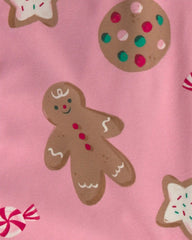 Adult 2-Piece Christmas Gingerbread Fleece Loose Fit Pajama Set - Pink