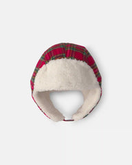 Boys Christmas Plaid Flannel Teddy Fleece Hat - Red