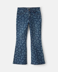 Girls Leopard Denim Flare Jeans - Dark Wash