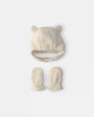 Baby Bear Teddy Fleece Hat & Mitten Set - Cream