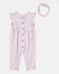 Baby 2-Piece Floral Jumpsuit & Headwrap - Purple