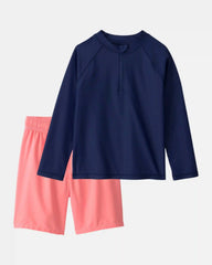 Boys 2-Piece Rashguard & Swim Trunk Set - Navy/Coral
