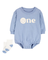 Baby Boy 2-Piece Birthday Bubble & Socks Set - Blue/White