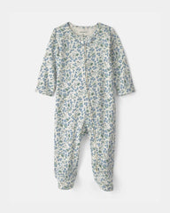Baby Girl Floral 100% Cotton 2-Way Zip Sleep & Play Pajamas - Blue/Ivory