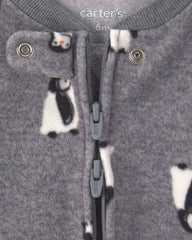Baby Boy Penguin Fleece 2-Way Zip Sleep & Play Pajamas - Grey