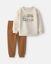 Toddler Boy 2-Piece Construction Fleece Long-Sleeve Top & Pant Set - Cream/Brown