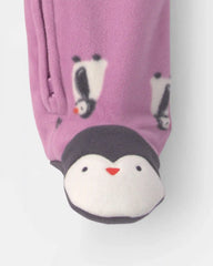 Baby Girl Penguin Fleece 2-Way Zip Sleep & Play Pajamas - Purple