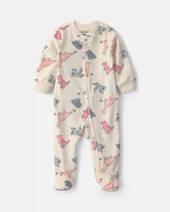 Baby Girl Dinosaur Fleece 2-Way Zip DreamPlush Sleep & Play Pajamas - Cream