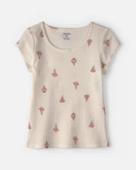Girls Floral Ribbed Top - Cream