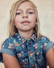 Girls Floral Denim Short-Sleeve Jumpsuit - Dark Wash