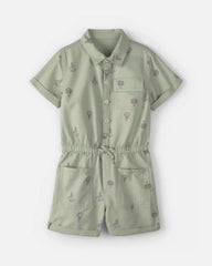 Girls Floral Cargo Romper - Green