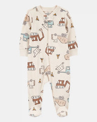 Baby Boy Construction 2-Way Zip Ribbed Sleep & Play Pajamas - Cream