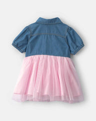 Baby Girl Chambray Tulle Short-Sleeve Dress - Light Wash