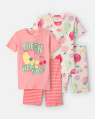 Girls Fruit 100% Cotton Short-Sleeve Snug Fit 4-Piece Pajama Set - Pink