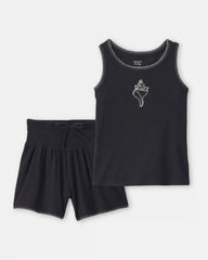 Girls 2-Piece Shell Embroidered Rib Tank Top & Short Set - Black
