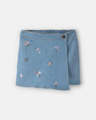 Girls Floral Embroidered Denim Wrap Skort - Medium Wash