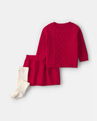 Baby Girl 3-Piece Long-Sleeve Sweater Dress Set - Red