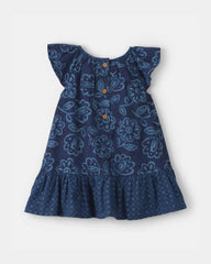 Baby Girl Ruffle-Sleeve Floral Linen Dress - Navy