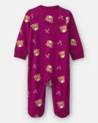 Baby Girl Bear 100% Cotton 2-Way Zip Sleep & Play Pajamas - Purple