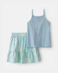 Girls 2-Piece Tropical Floral Tank Top & Skirt Set - Blue