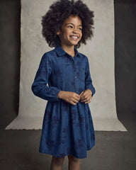 Girls Floral Denim Long-Sleeve Dress - Dark Wash