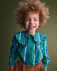 Toddler Girl Peter Pan Collar Top in Stripes - Green/Blue