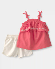 Baby Girl 2-Piece Linen Sleeveless Top & Short Set - Coral/Ivory