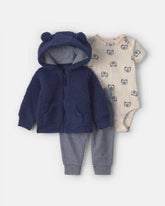 Baby Boy 3-Piece Bear Teddy Fleece Layering Set - Navy Blue/Cream