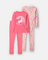 Girls 4-Piece Unicorn 100% Cotton Snug Fit Pajama Set - Coral/Pink