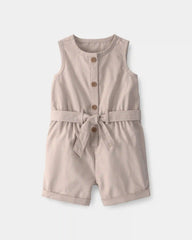 Baby Girl Canvas Sleeveless Romper - Khaki