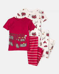 Toddler Boy Firetruck Striped 100% Cotton Snug Fit 4-Piece Pajama Set - Red/White