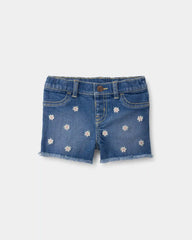 Baby Girl Daisy Denim Embroidered Shorts - Dark Wash