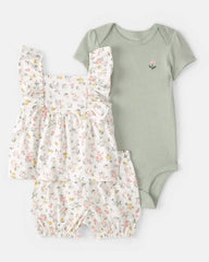 Baby Girl 3-Piece Floral Outfit Set - White/Green
