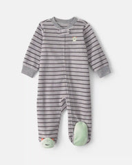 Baby Boy Monster Striped Fleece 2-Way Zip Sleep & Play Pajamas - Grey