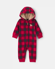 Baby Boy Buffalo Check Fleece Long-Sleeve Jumpsuit - Red/Black