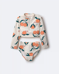 Toddler Girl Half-Zip Long-Sleeve Rashguard Set in Clementine Grove Print - Cream