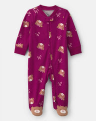 Baby Girl Bear 100% Cotton 2-Way Zip Sleep & Play Pajamas - Purple