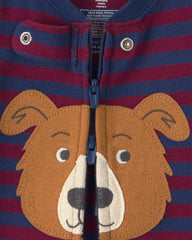 Baby Boy 1-Piece Dog Striped 2-Way Zip 100% Cotton Snug Fit Footed Pajama - Burgundy/Blue