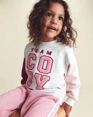Toddler Girl 'Team Cozy' French Terry Pullover Sweatshirt - Grey/Pink/Purple
