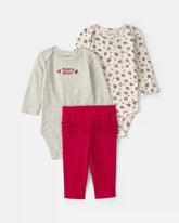 Baby Girl 3-Piece Floral Long-Sleeve Bodysuit & Pant Set - Red/Grey