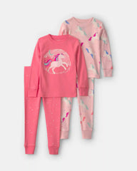 Toddler Girl 4-Piece Unicorn 100% Cotton Snug Fit Pajama Set - Coral/Pink