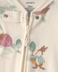 Baby Girl 1-Piece Country Farm 2-Way Zip 100% Cotton Snug Fit Footed Pajama - Cream