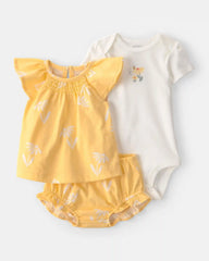 Baby Girl 3-Piece Flower Outfit Set - Yellow/White